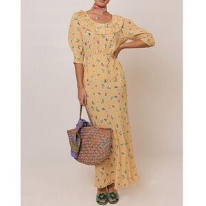 Rixo London Belle Floral Gingham Check Silk-Blend Maxi Dress Mustard XS